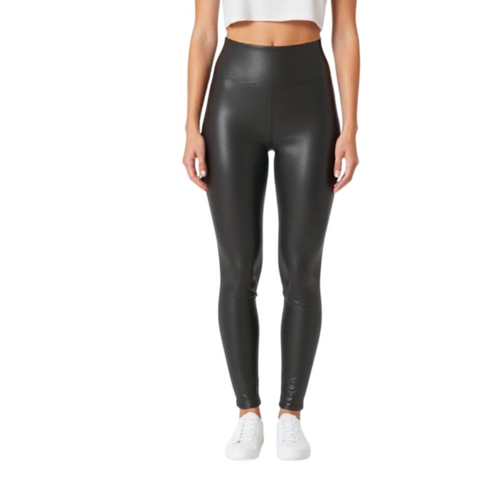 SPANX Faux Leather Leggings XL Black Wide Waist Tummy Shaping Sporty Feminine
